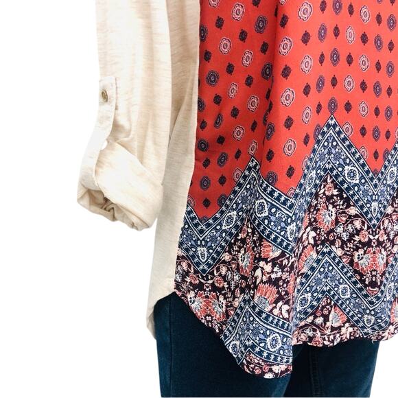 Rewind Boho Inspired Red White Blue Scoop Neck Roll sleeve Mixed Media Top - Picture 6 of 16